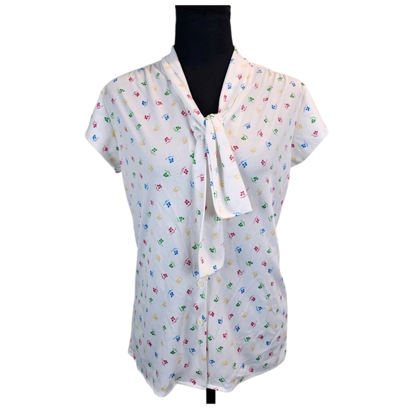 VTG 1970s Floral Bowtie Button Up Blouse Sz Small White Retro Tradwife Whimsical - Picture 2 of 16